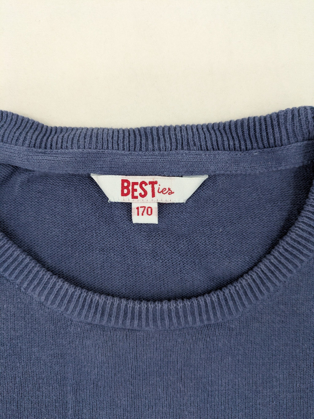 BESTies blue turtle neck jumper cotton long sleeves geometric pinata design with text