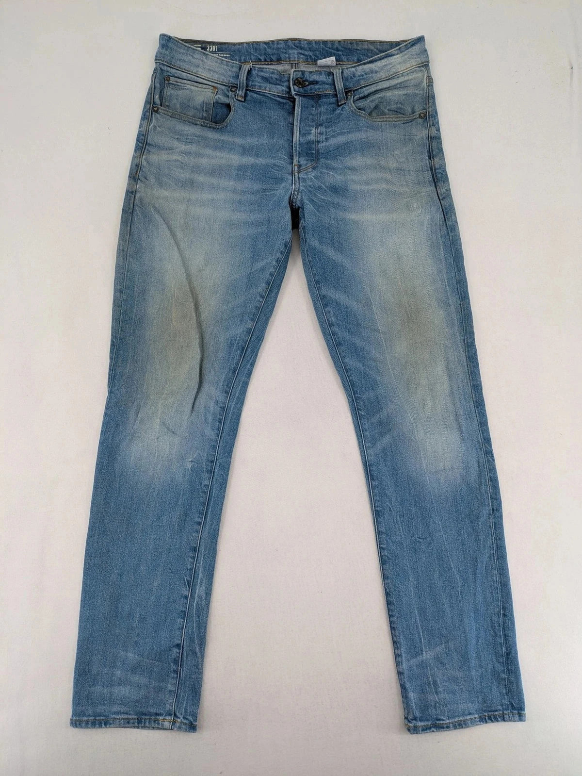 G-Star blue straight tapered jeans with classic 5-pocket design and button fly.