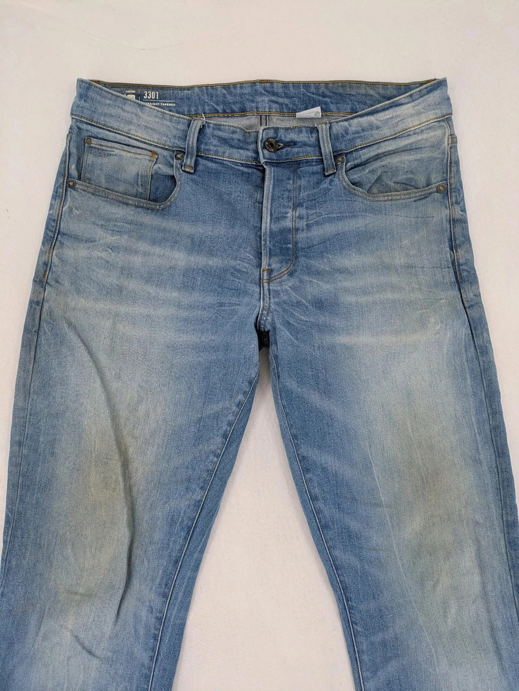 G-Star blue straight tapered jeans with classic 5-pocket design and button fly.