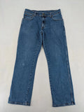 Wrangler blue straight jeans with classic wash and durable cotton-stretch blend.
