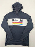 Polaroid blue graphic hoodie featuring iconic logo print with rainbow stripes and kangaroo pocket.