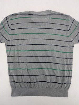 C. Comberti grey knit jumper with green and navy horizontal stripes, V-neck design.