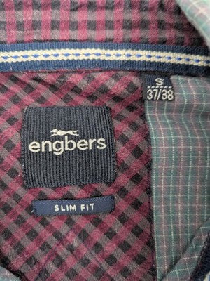 Engbers long-sleeve shirt grey checkered pattern with red accents and logo embroidery.