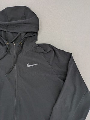 Nike Pro grey hoodie with Dri-FIT technology, full zip, and subtle swoosh logo.