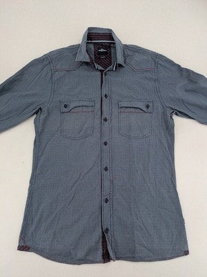 Engbers long-sleeve shirt grey checkered pattern with red accents and logo embroidery.