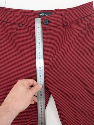 Zara red and black gingham check slim fit stretch pants with elastic blend material.