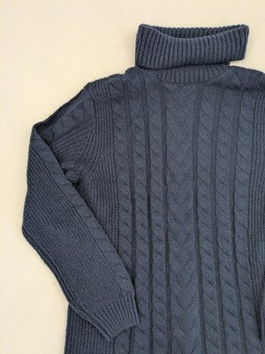 Tchibo navy sweater dress with cable knit pattern and cozy roll neck.