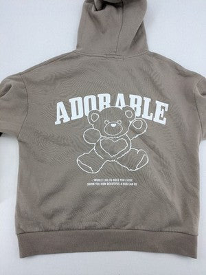 FB Sister beige zip-through hoodie with adorable teddy bear back print and kangaroo pocket.
