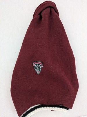 Burgundy dog sweater fleece lined with black and white striped trim, embroidered patch detail.
