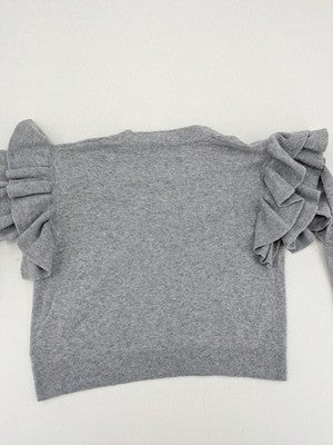 H&M grey cardigan with V-neck, button front, and layered ruffle sleeves.
