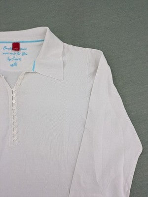 Esprit blue long sleeve polo shirt with Henley button placket and side slits.