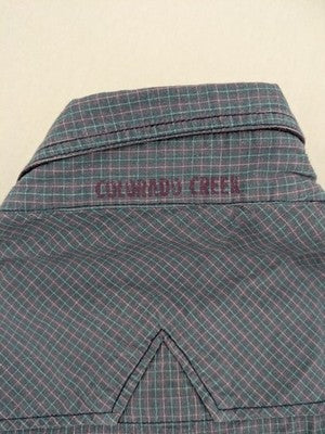 Engbers long-sleeve shirt grey checkered pattern with red accents and logo embroidery.