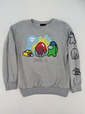 Among Us grey sweatshirt featuring colorful graphic of crew members and sleeve designs.