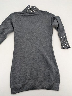 SHEIN grey knit jumper dress with pearl embellishments and ruffled stand collar.