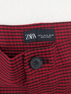Zara red and black gingham check slim fit stretch pants with elastic blend material.