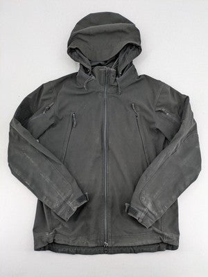 Condor grey softshell jacket with multiple pockets and adjustable hood, tactical outdoor design.