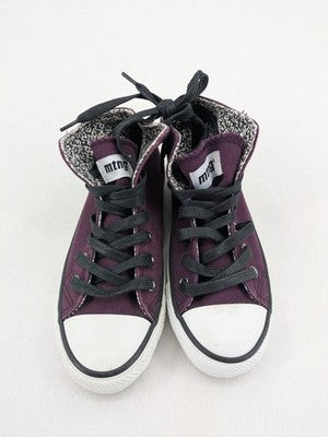 Mtng high top sneakers purple canvas with black laces and patterned white lining.
