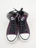 Mtng high top sneakers purple canvas with black laces and patterned white lining.