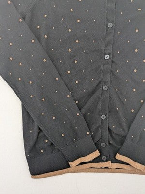 Piazza Italia beige cardigan with brown polka dots and contrasting cuffs, soft viscose blend.
