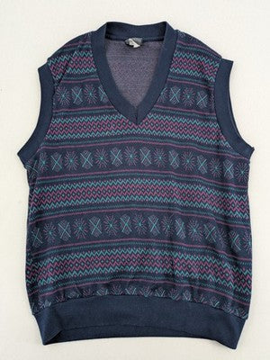 Black Horse black vest geometric pattern blue petrol lilac V-neck 100% cotton vintage