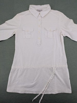 Marco Pecci white A-line dress with collar, adjustable drawstring waist, and utility pockets.