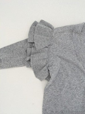 H&M grey cardigan with V-neck, button front, and layered ruffle sleeves.