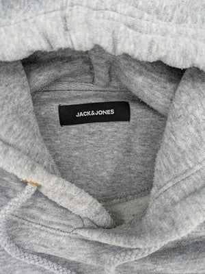 Jack & Jones grey hoodie with drawstring hood, kangaroo pocket, and ribbed cuffs.