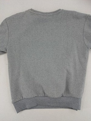 Among Us grey sweatshirt featuring colorful graphic of crew members and sleeve designs.