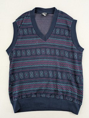 Black Horse black vest geometric pattern blue petrol lilac V-neck 100% cotton vintage