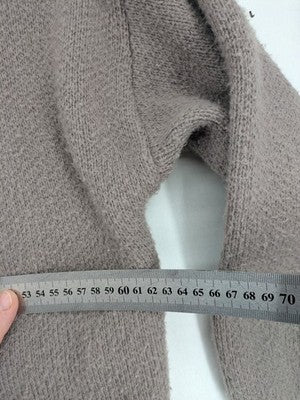 Minouu brown long cardigan with hood, featuring logo design and front pockets.