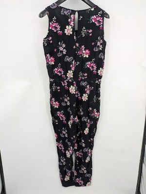 up2 fashion multi floral jumpsuit black sleeveless design with waist drawstring and keyhole back