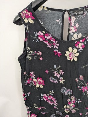 up2 fashion multi floral jumpsuit black sleeveless design with waist drawstring and keyhole back
