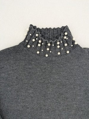 SHEIN grey knit jumper dress with pearl embellishments and ruffled stand collar.