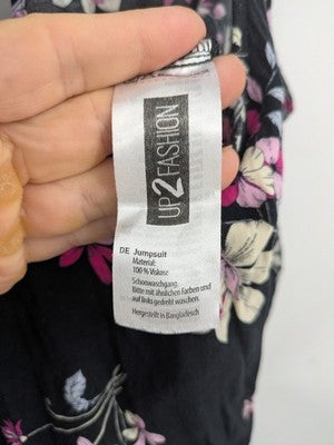 up2 fashion multi floral jumpsuit black sleeveless design with waist drawstring and keyhole back
