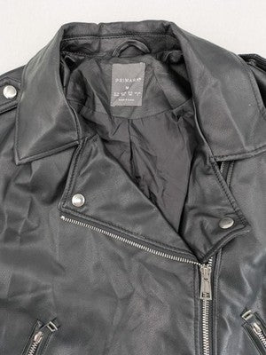 Primark black biker jacket faux leather asymmetrical zipper and shoulder epaulettes.