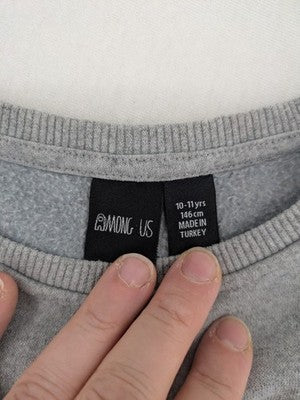 Among Us grey sweatshirt featuring colorful graphic of crew members and sleeve designs.