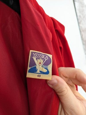Yessica red vintage dress 80s style with long puff sleeves and pleated skirt.