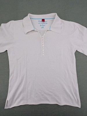 Esprit blue long sleeve polo shirt with Henley button placket and side slits.