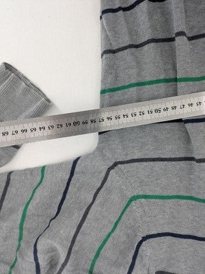 C. Comberti grey knit jumper with green and navy horizontal stripes, V-neck design.