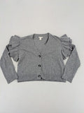 H&M grey cardigan with V-neck, button front, and layered ruffle sleeves.