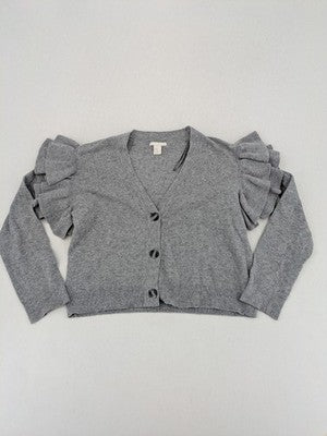 H&M grey cardigan with V-neck, button front, and layered ruffle sleeves.