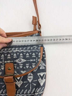 KiK messenger bag brown and navy with geometric Boho-Ethno pattern on canvas.