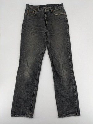 Levi's straight jeans faded black grey denim with iconic orange tab and five-pocket design.
