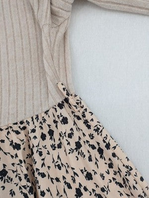 SHEIN women's A-line dress beige cream ribbed turtleneck floral pattern