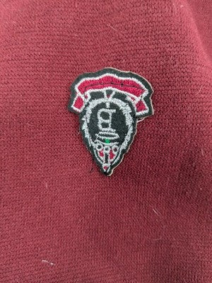Burgundy dog sweater fleece lined with black and white striped trim, embroidered patch detail.
