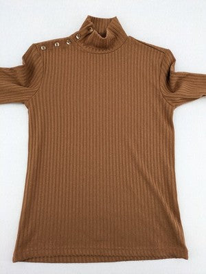 Piazza Italia pink ribbed turtleneck top with decorative shoulder buttons.