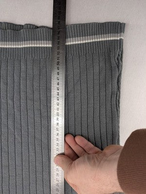Elake grey knit jumper with V-neck, cable knit pattern and contrasting stripes.