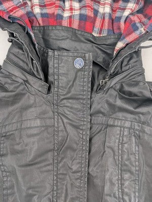 Mavi parka coat black waxed cotton check flannel lining four front pockets