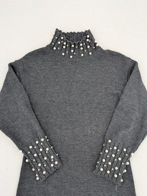 SHEIN grey knit jumper dress with pearl embellishments and ruffled stand collar.