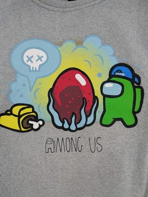 Among Us grey sweatshirt featuring colorful graphic of crew members and sleeve designs.